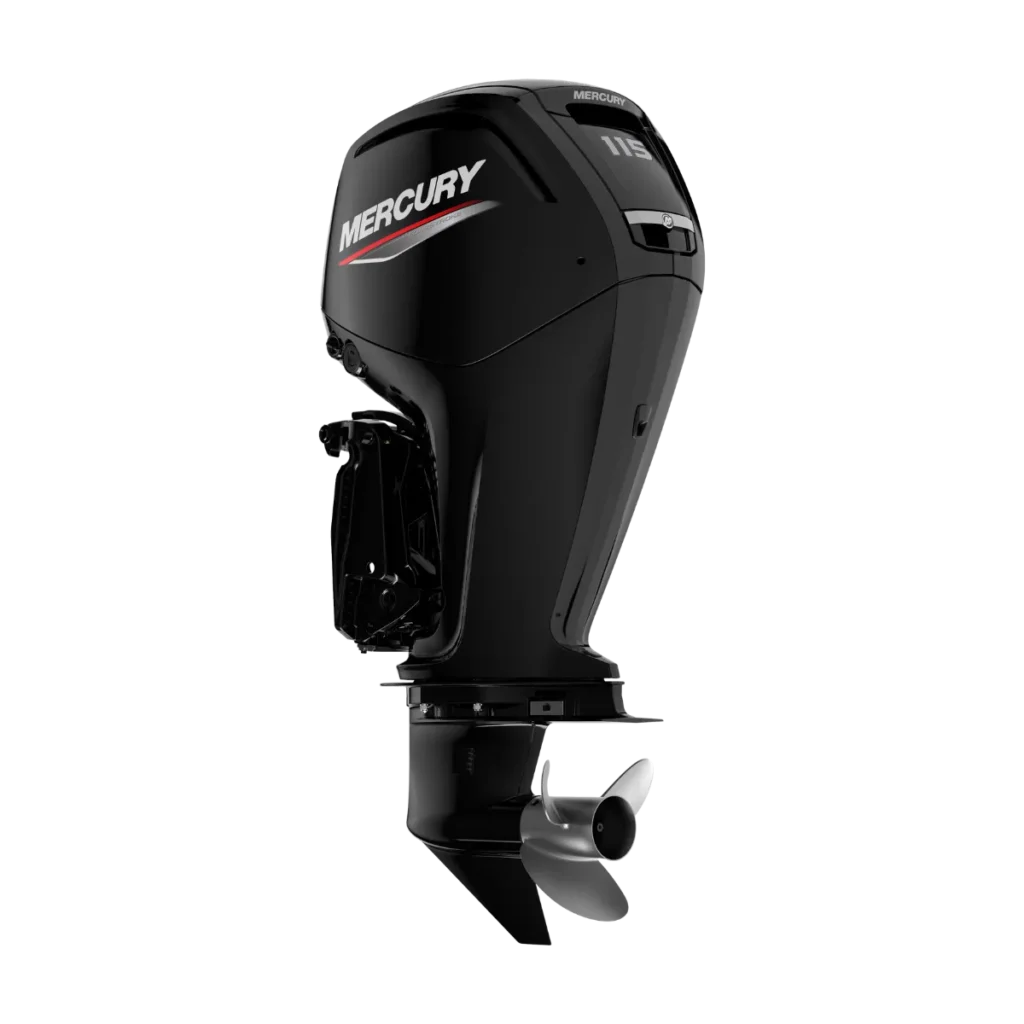 Black Mercury 115XLPT 115 hp outboard shown from a diagonal angle