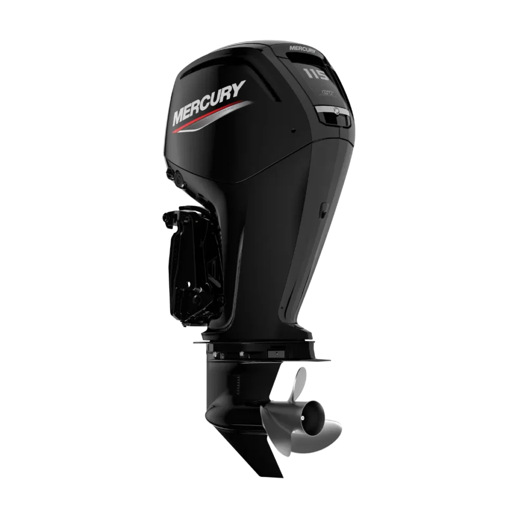 Black Mercury 115XLPT CT 115 hp Command Thrust outboard shown from a diagonal angle