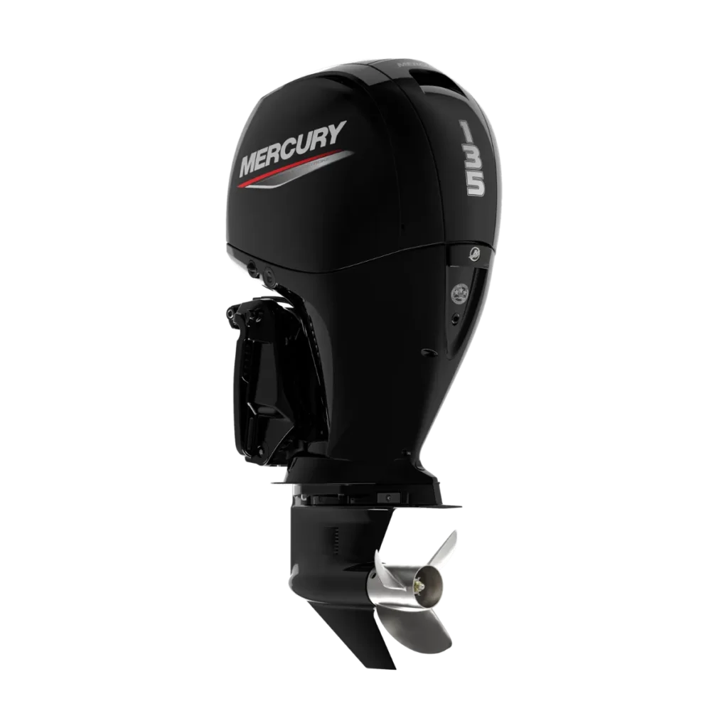 Black Mercury 135XL 135 hp outboard shown from a diagonal angle