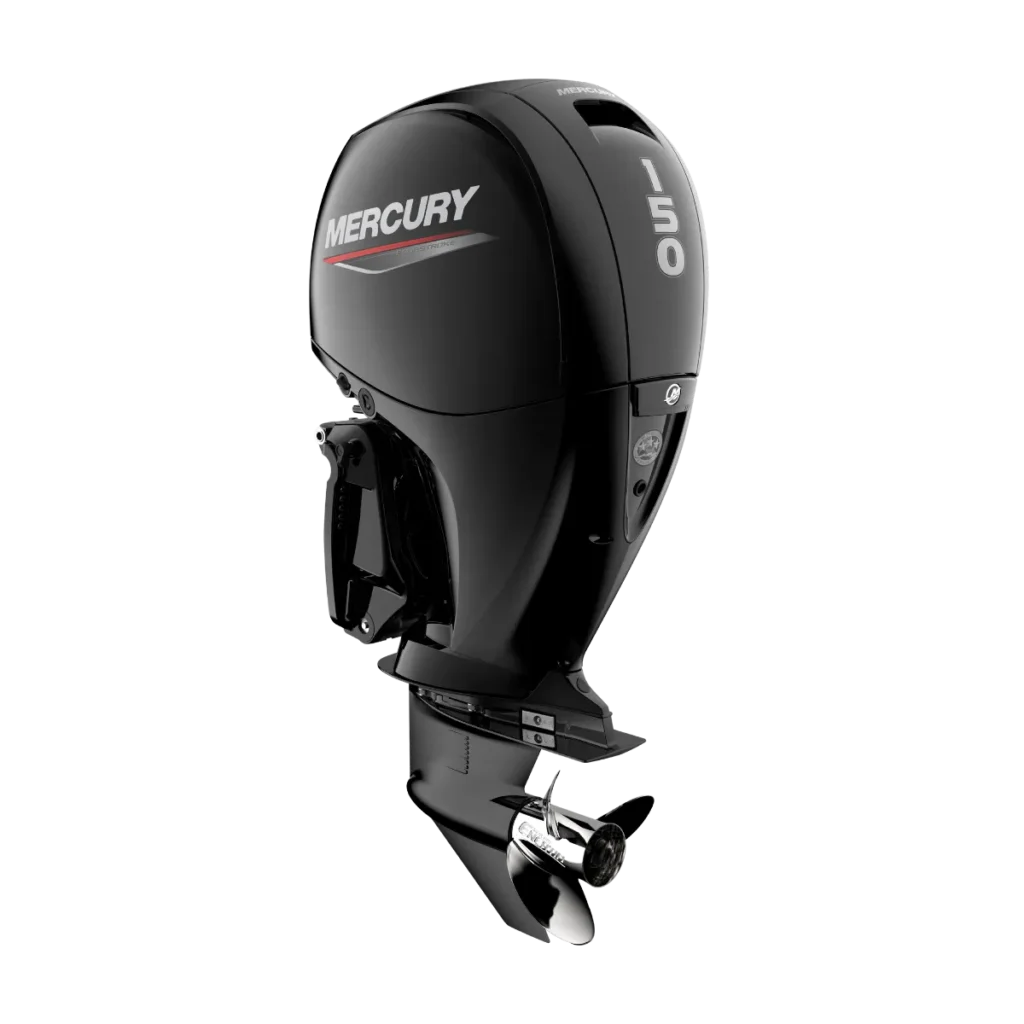 Black Mercury 150XL 150 hp outboard shown from a diagonal angle