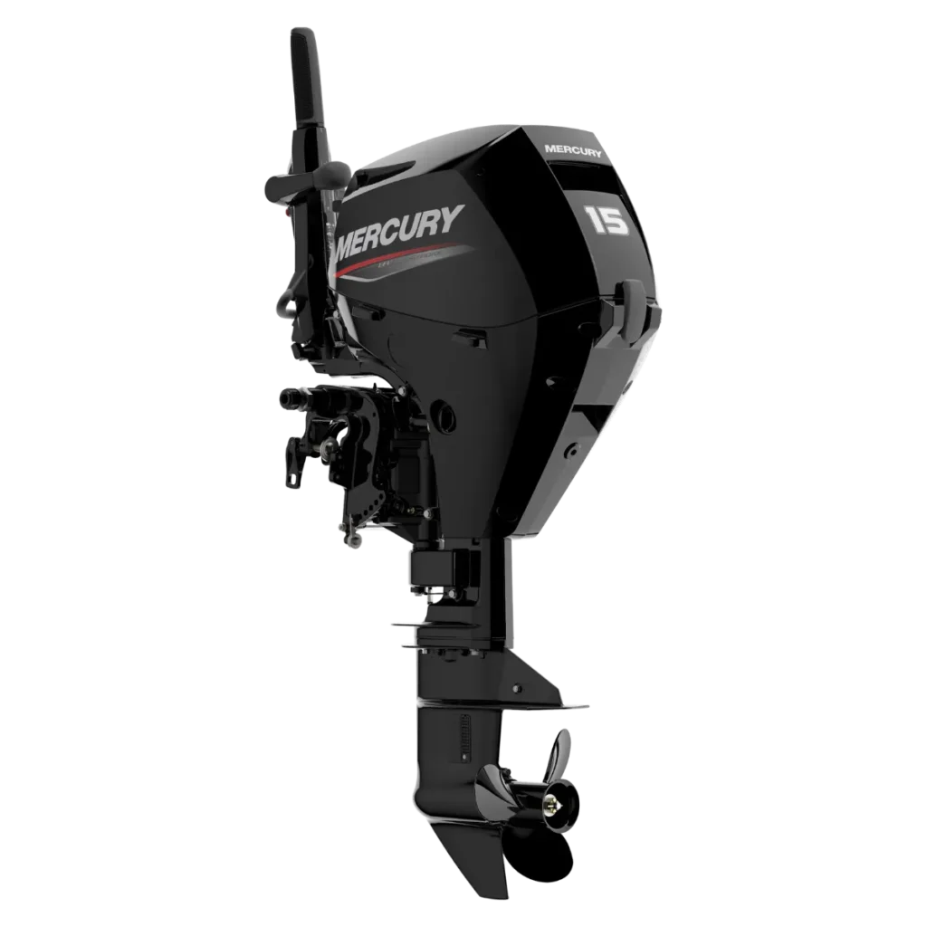 Black Mercury 15 hp FourStroke long-shaft portable outboard shown from a diagonal angle