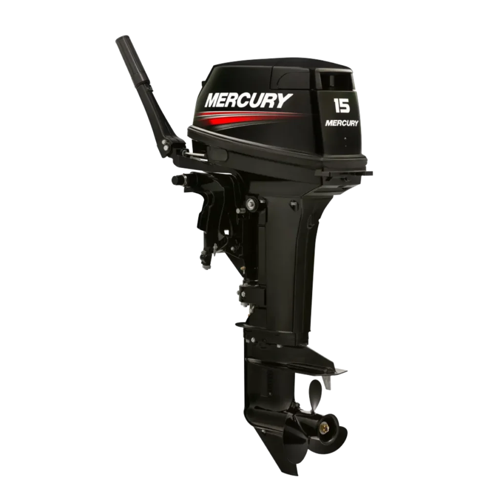 Black Mercury 15MH 15 hp short-shaft two-stroke outboard shown from a diagonal angle
