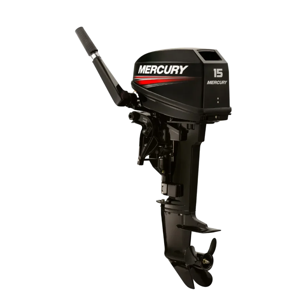 Black Mercury 15MLH 15 hp long-shaft two-stroke outboard shown from a diagonal angle