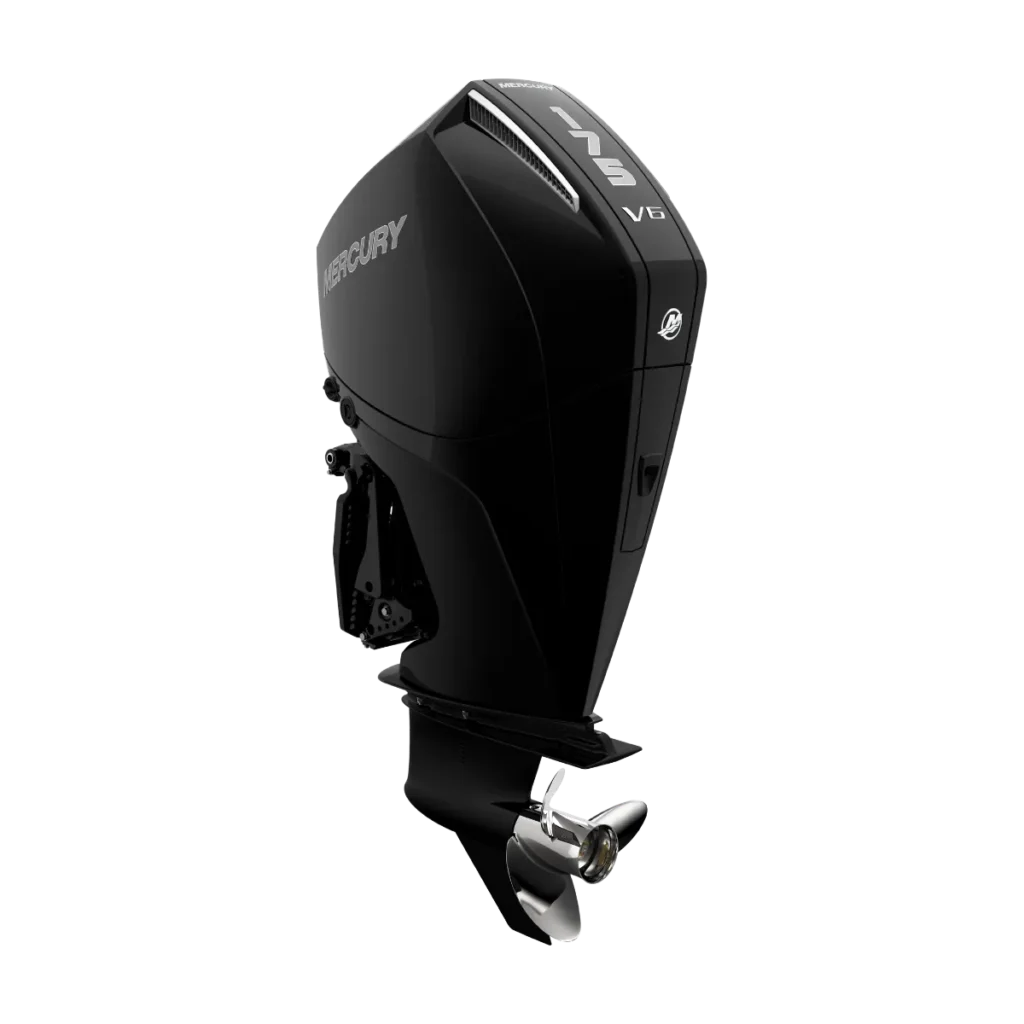 Black Mercury 175XL DTS 175 hp outboard shown from a diagonal angle