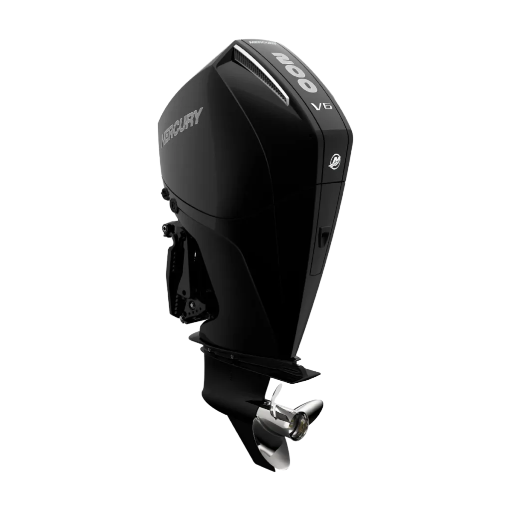 Black Mercury 175XL DTS 175 hp outboard shown from a diagonal angle