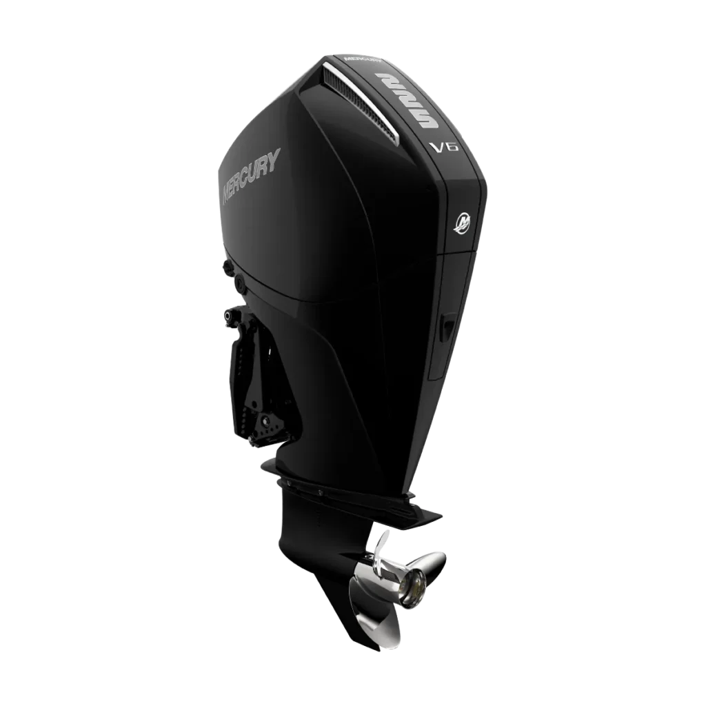 Black Mercury 200XL DTS 200 hp outboard shown from a diagonal angle