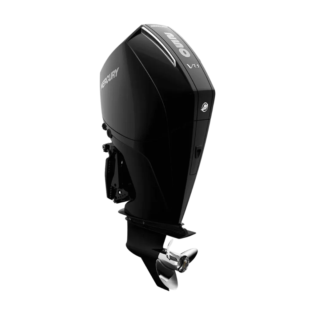 Black Mercury 250XL 250 hp outboard shown from a diagonal angle
