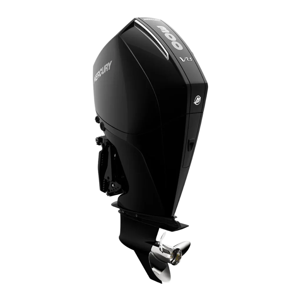 Black Mercury 300XL 300 hp outboard shown from a diagonal angle