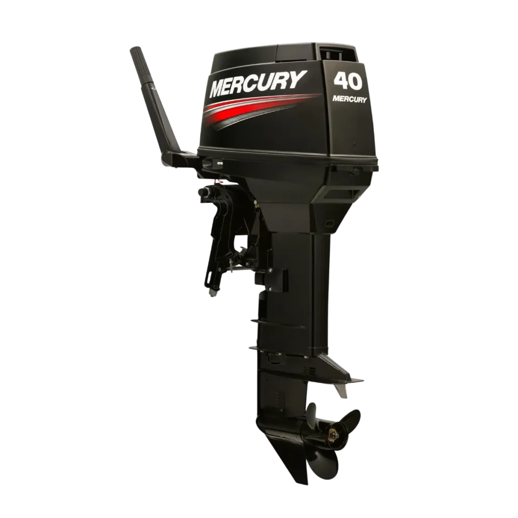 Black Mercury 40EHLPTO 40 hp Super Tiller two-stroke outboard shown from a diagonal angle