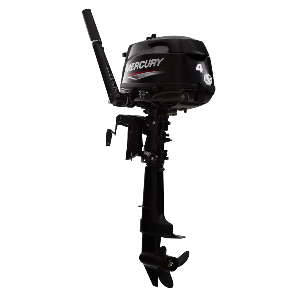 Black Mercury 4 hp FourStroke portable outboard shown from a diagonal angle
