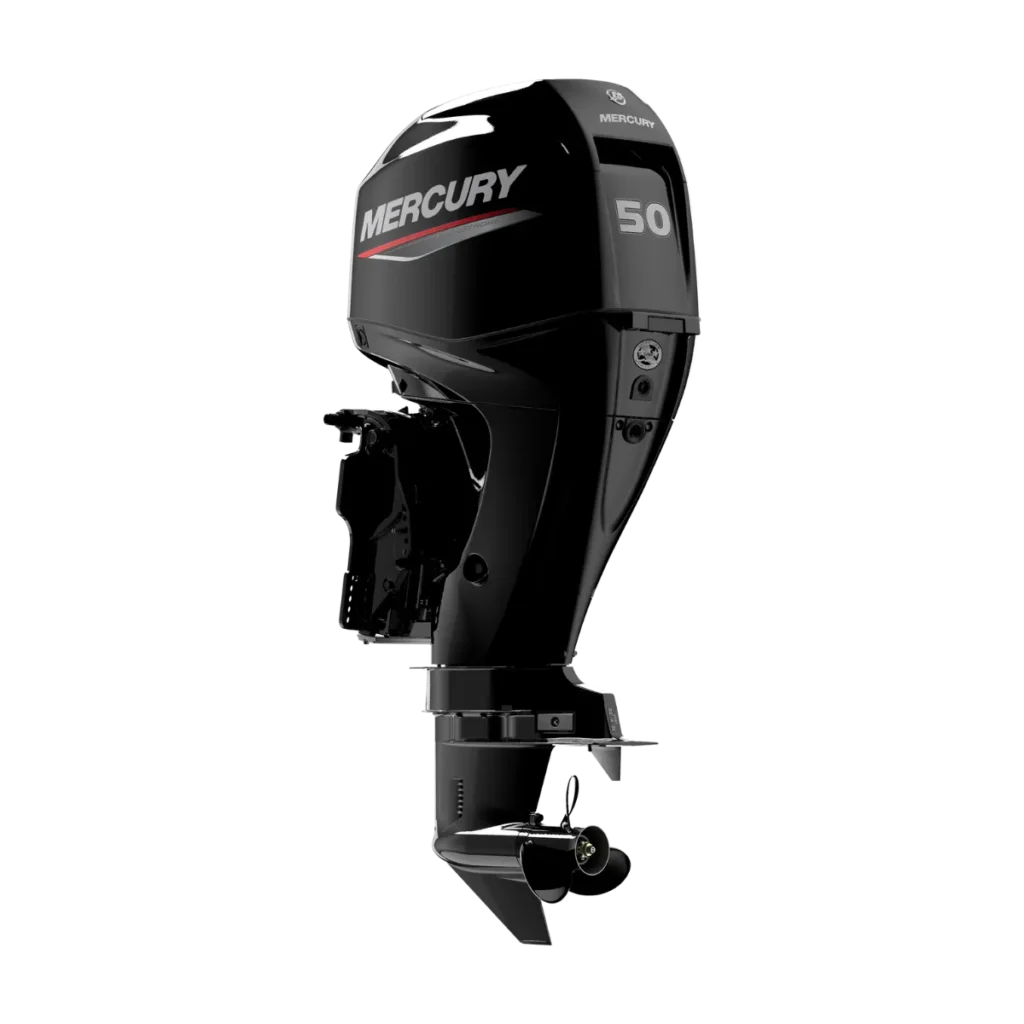 Black Mercury 50ELPT 50 hp outboard shown from a diagonal angle