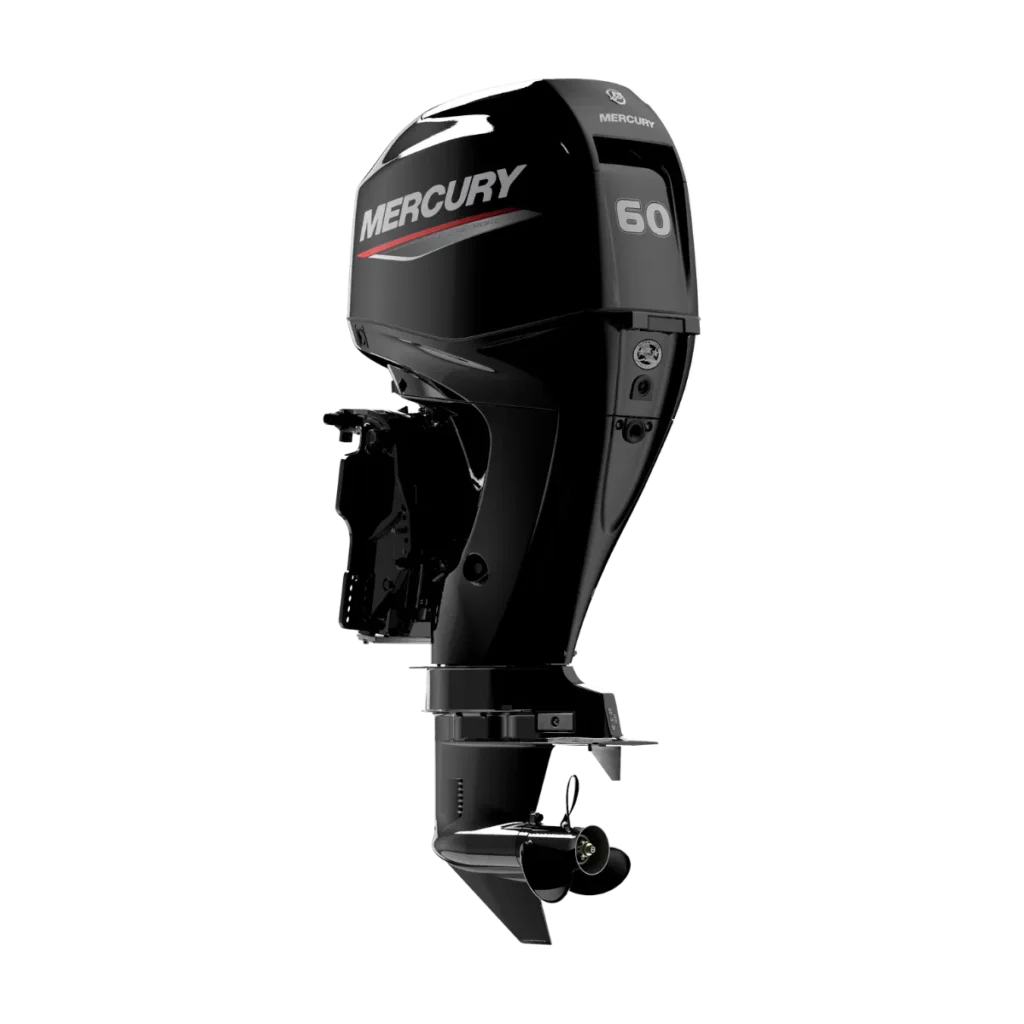 Black Mercury 60ELPT 60 hp outboard shown from a diagonal angle