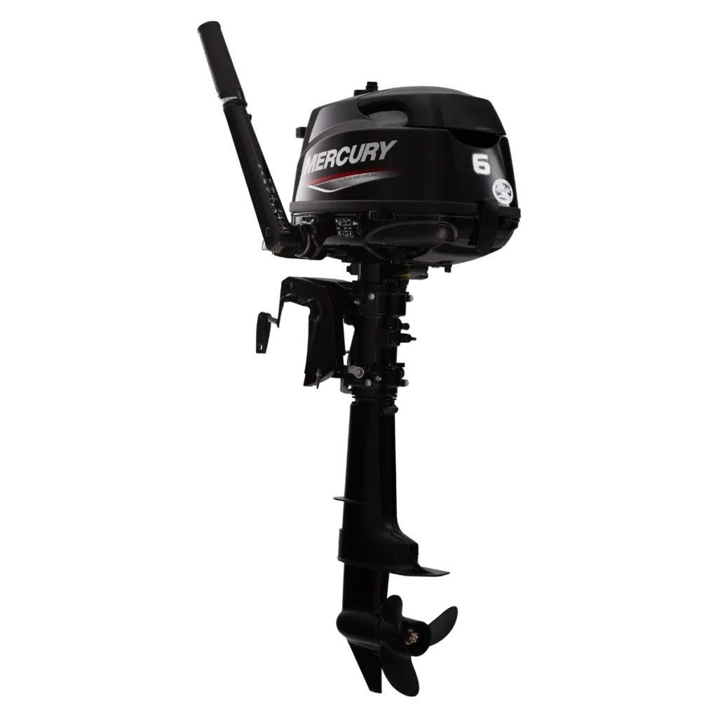 Black Mercury 6 hp FourStroke long-shaft portable outboard shown from a diagonal angle