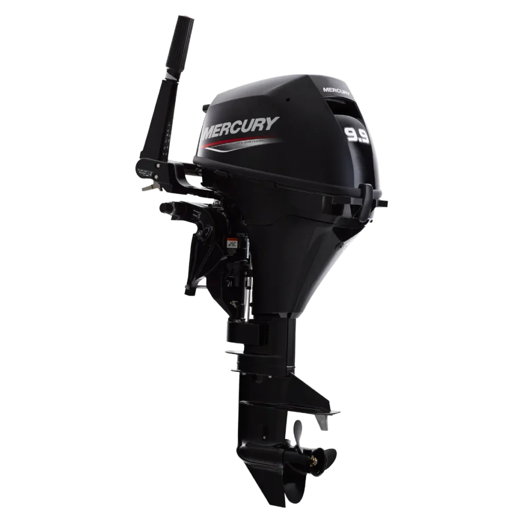 Black Mercury 9.9 hp FourStroke portable outboard shown from a diagonal angle