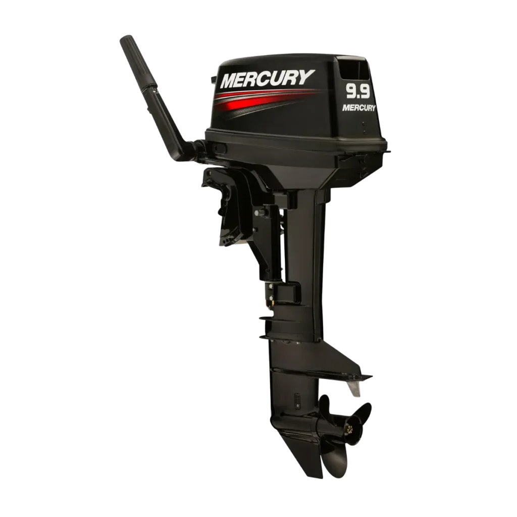 Black Mercury 9.9MH 9.9 hp two-stroke outboard shown from a diagonal angle