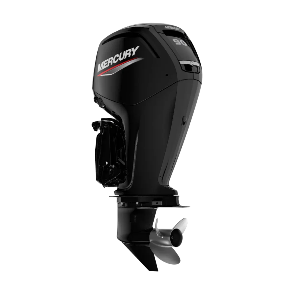 Black Mercury 90ELPT 90 hp outboard shown from a diagonal angle