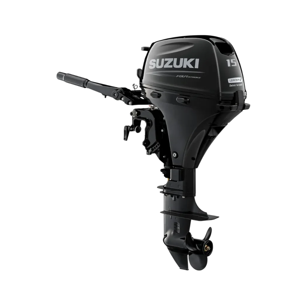 Black Suzuki DF15AS 15 hp FourStroke short-shaft portable outboard shown from a diagonal angle