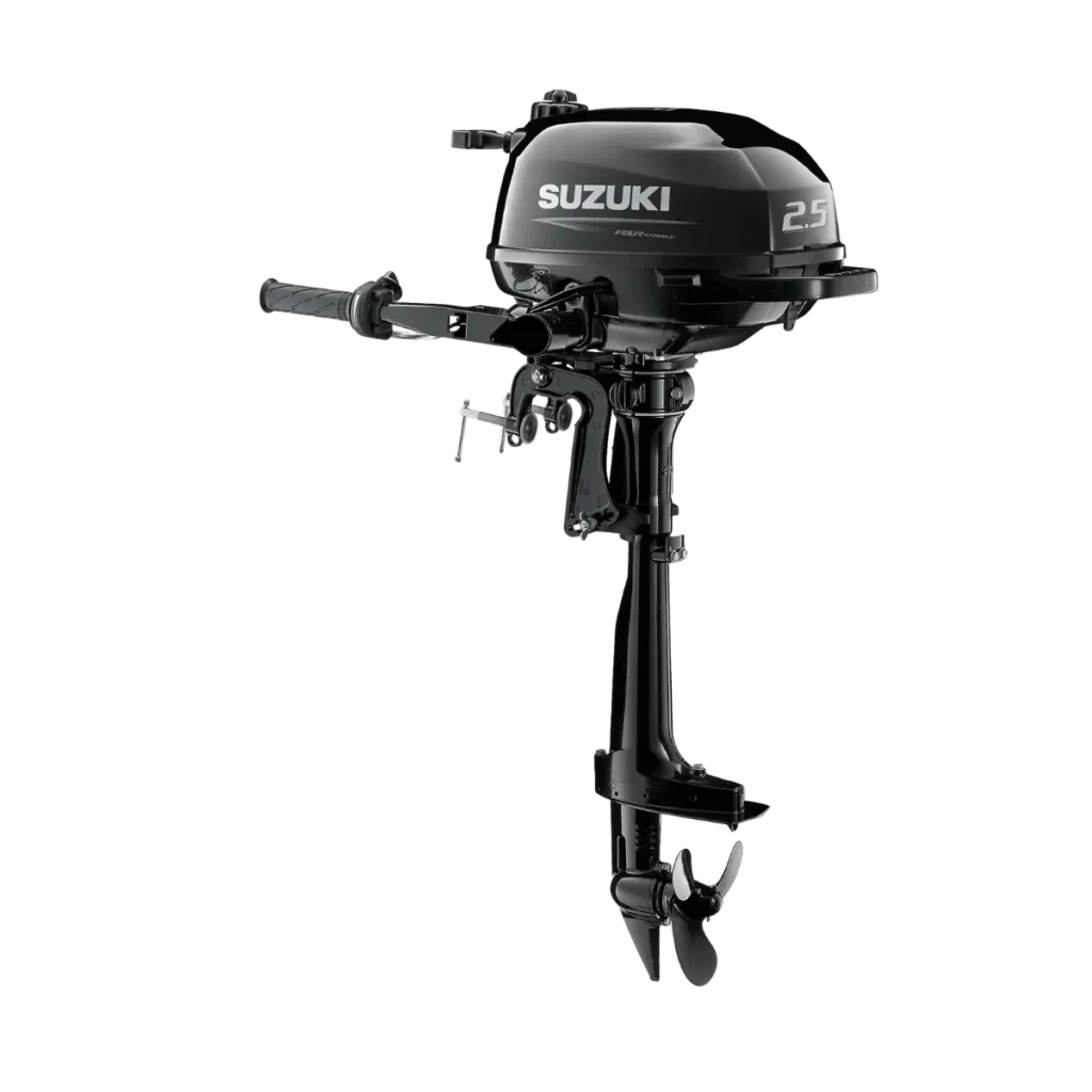 Black Suzuki DF2.5 2.5 hp FourStroke portable outboard shown from a diagonal angle