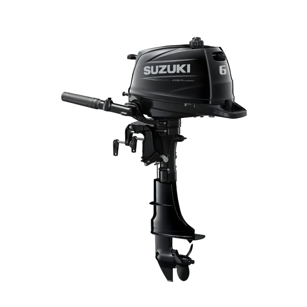 Black Suzuki DF6A 6 hp FourStroke portable outboard shown from a diagonal angle