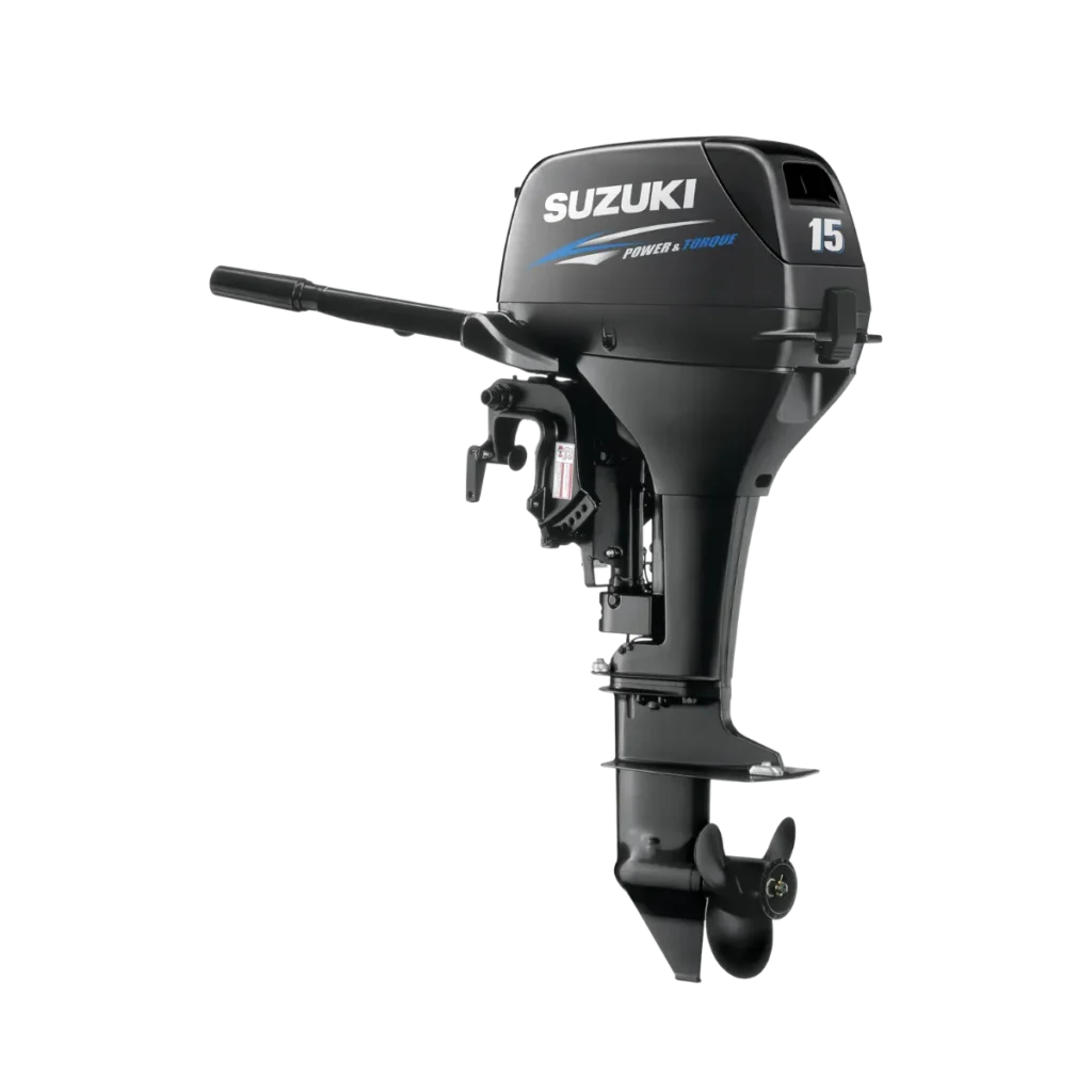 Black Suzuki DT15AS 15 hp two-stroke short-shaft portable outboard shown from a diagonal angle
