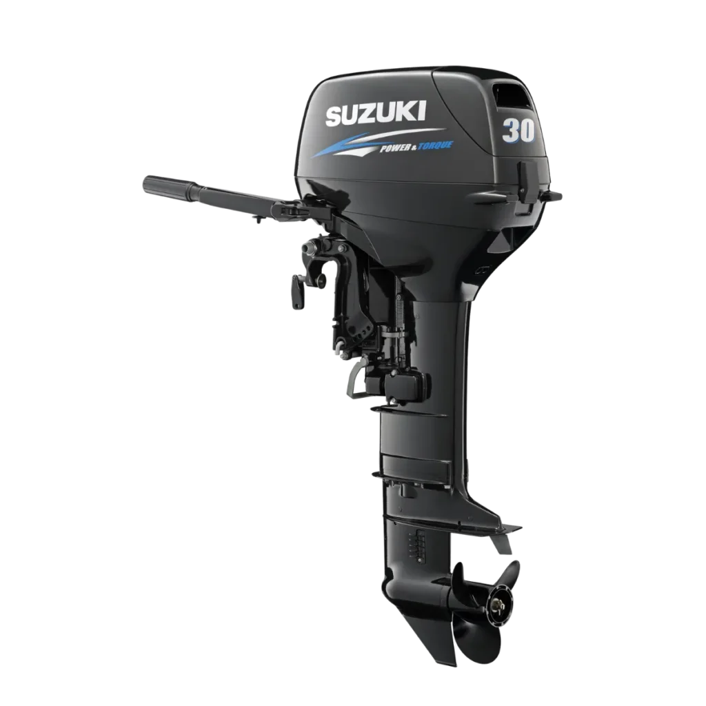 Black Suzuki DT30 30 hp two-stroke outboard shown from a diagonal angle