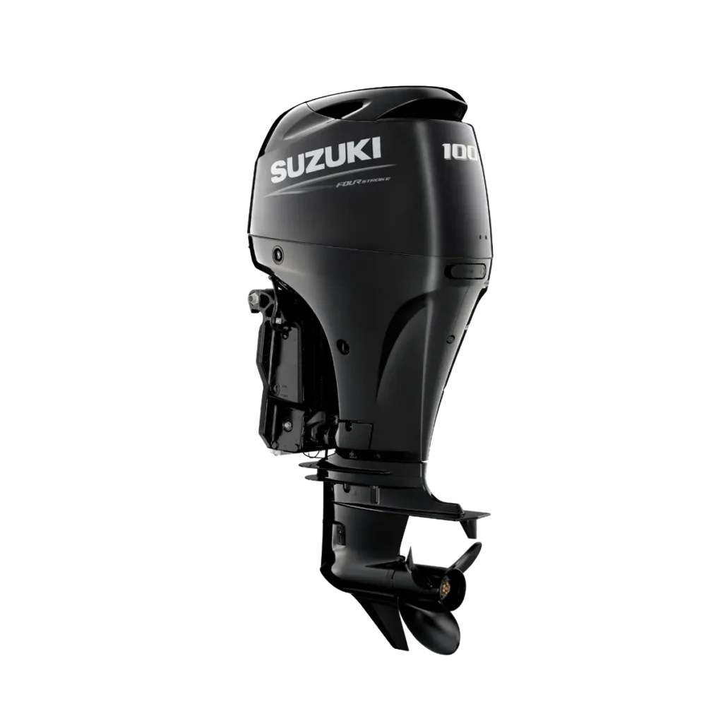 Black Suzuki DF100B 100 hp outboard shown from a diagonal angle