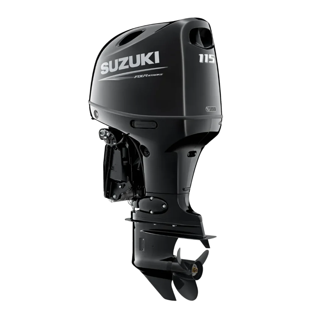 Black Suzuki DF115BTL 115 hp outboard shown from a diagonal angle
