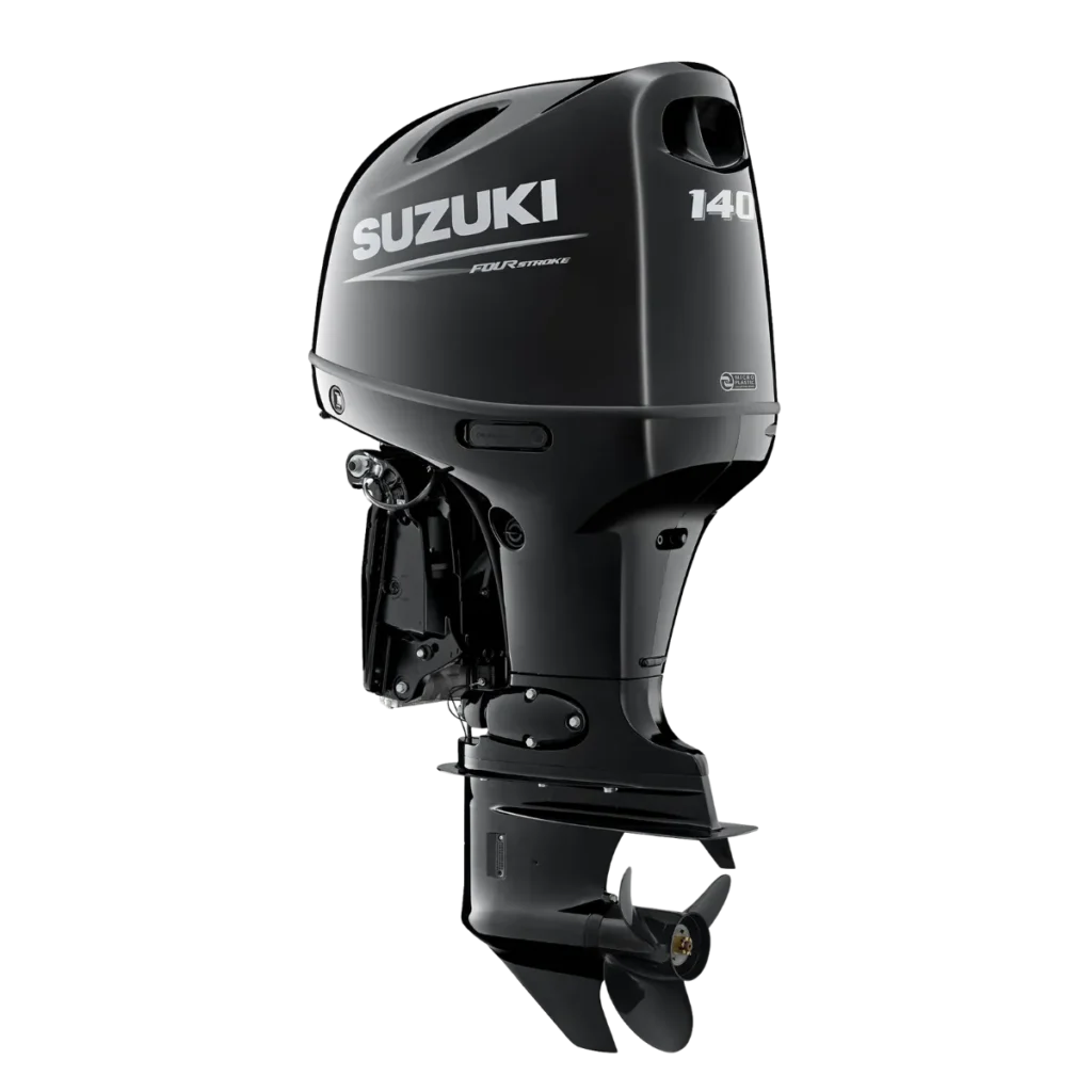 Black Suzuki DF140BTL 140 hp outboard shown from a diagonal angle
