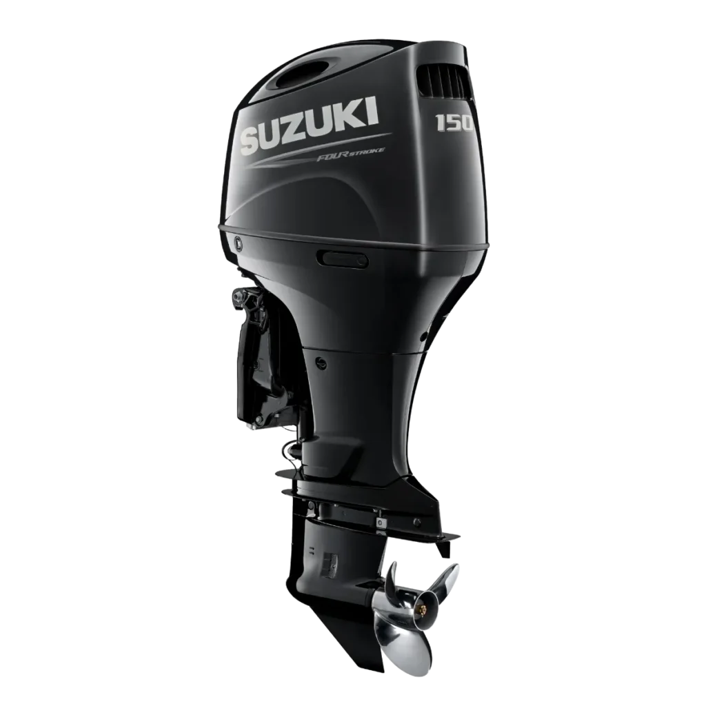 Black Suzuki DF150ATX 150 hp outboard shown from a diagonal angle