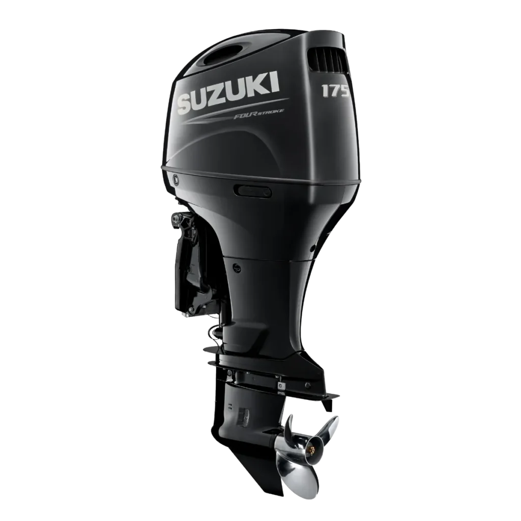 Black Suzuki DF175ATX 175 hp outboard shown from a diagonal angle