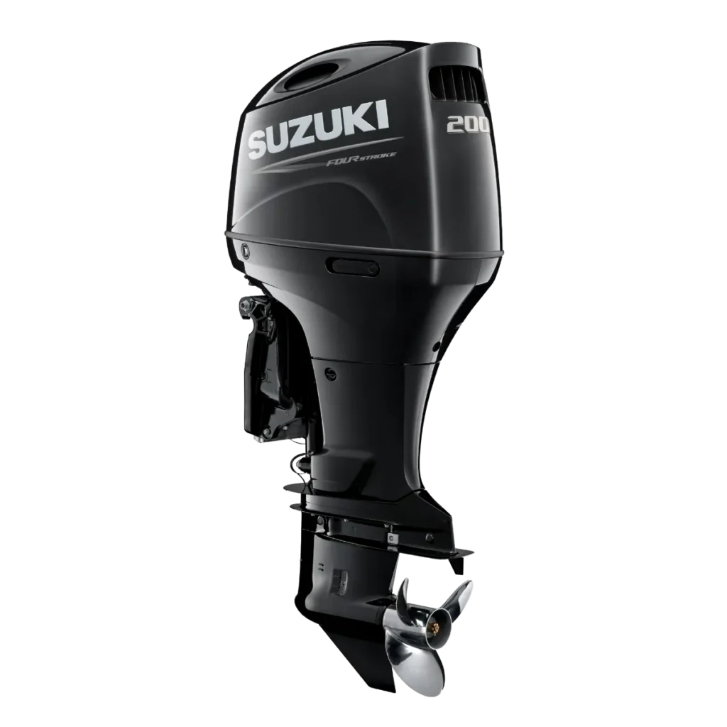 Black Suzuki DF200APX 200 hp outboard shown from a diagonal angle