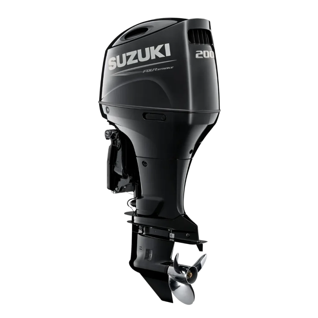 Black Suzuki DF200ATX 200 hp outboard shown from a diagonal angle