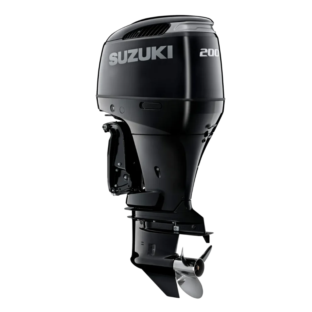 Black Suzuki DF200TX 200 hp outboard shown from a diagonal angle
