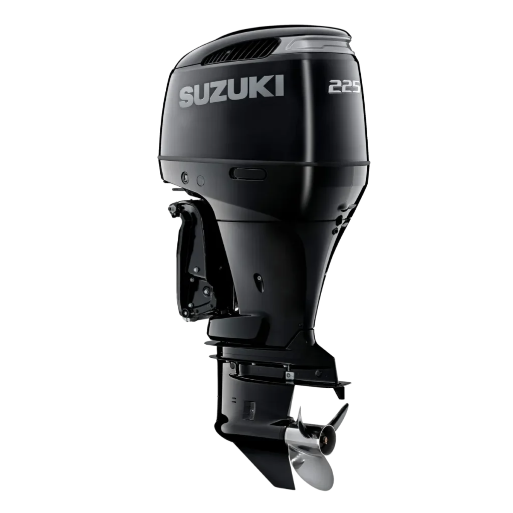 Black Suzuki DF225TX 225 hp outboard shown from a diagonal angle