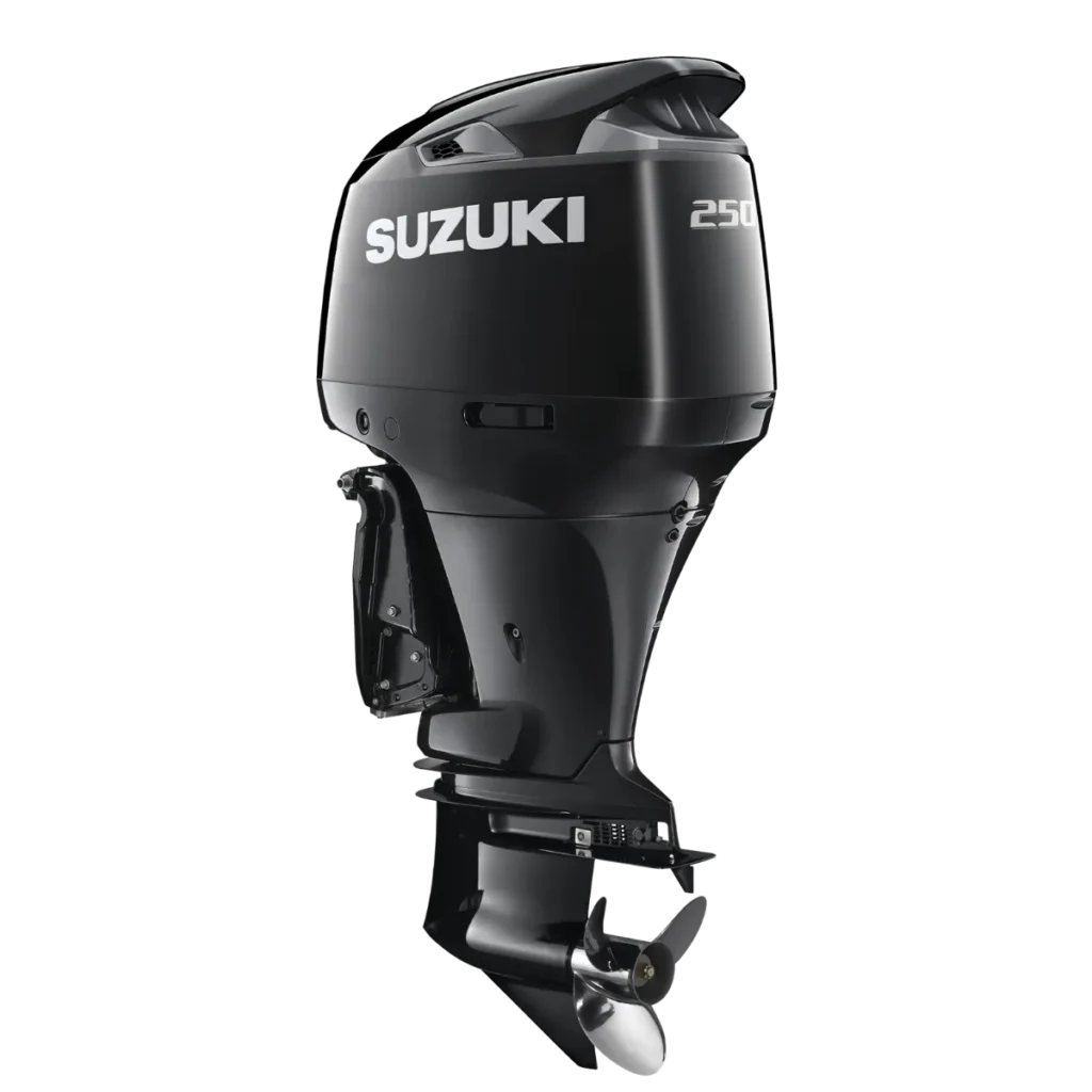 Black Suzuki DF250APX 250 hp outboard shown from a diagonal angle