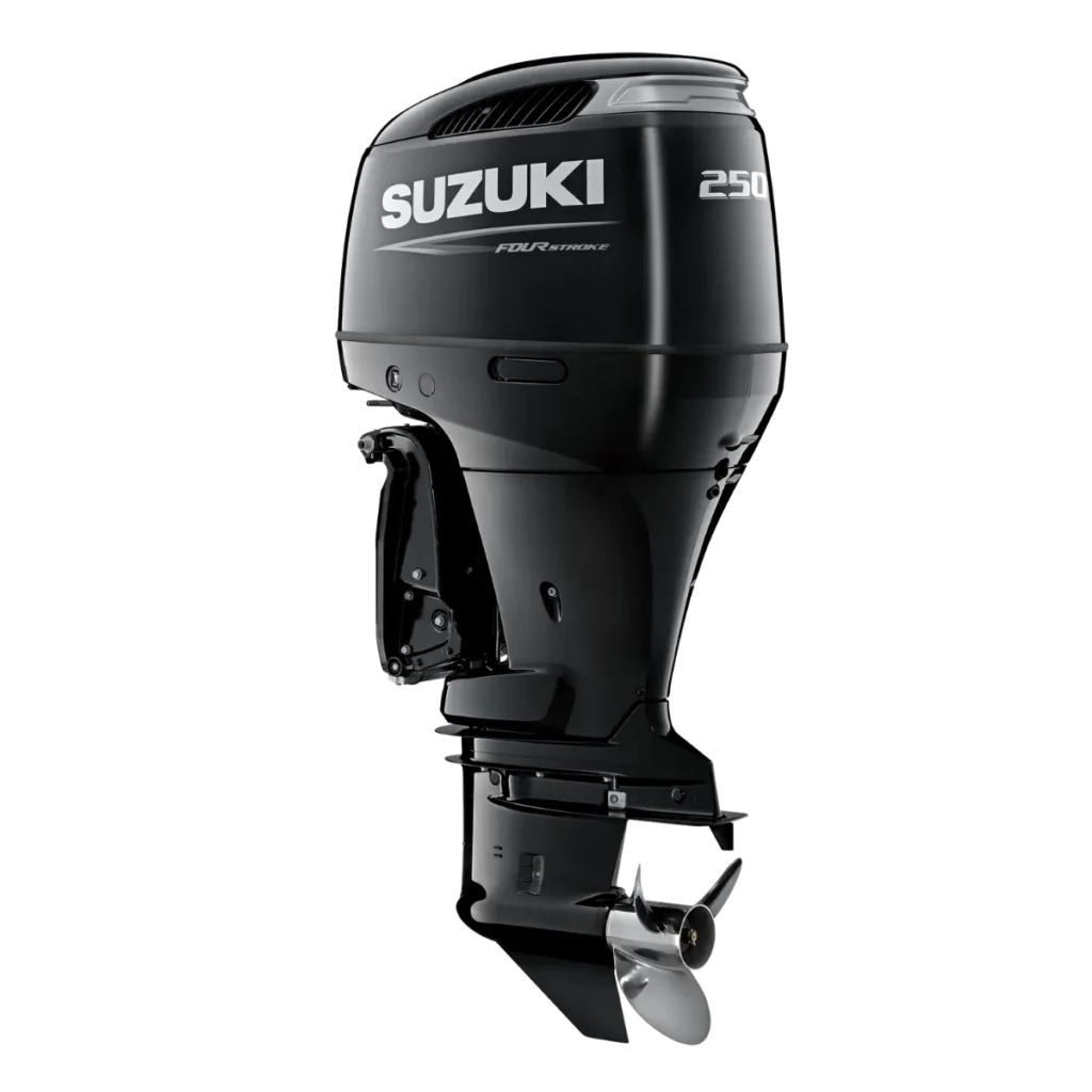 Black Suzuki DF250TX 250 hp outboard shown from a diagonal angle
