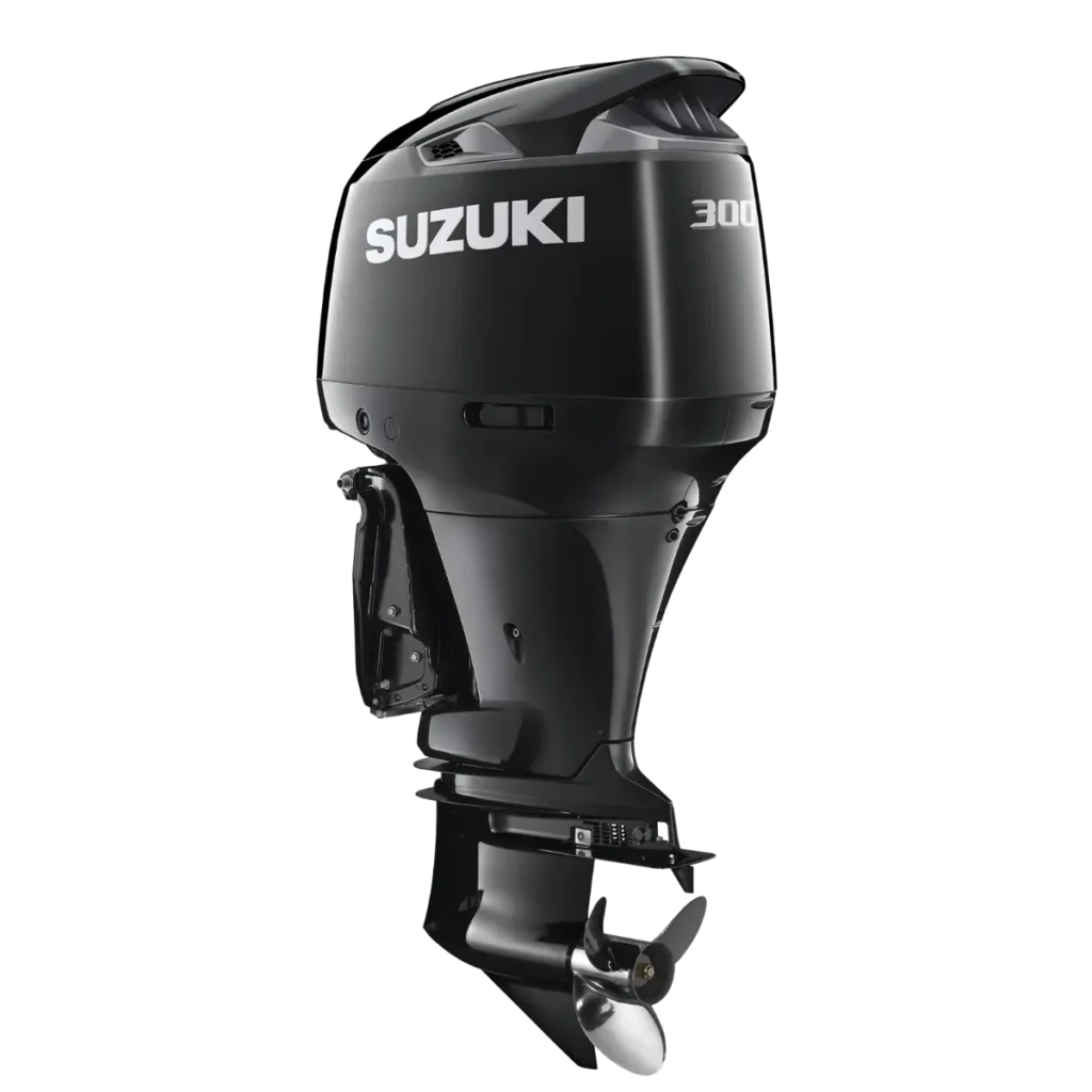 Black Suzuki DF300APX 300 hp outboard shown from a diagonal angle