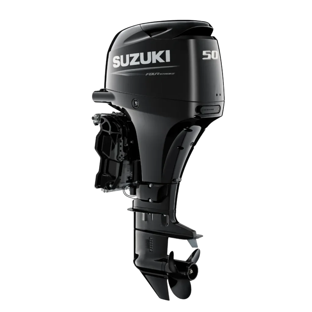 Black Suzuki DF50ATL 50HP outboard shown from a diagonal angle