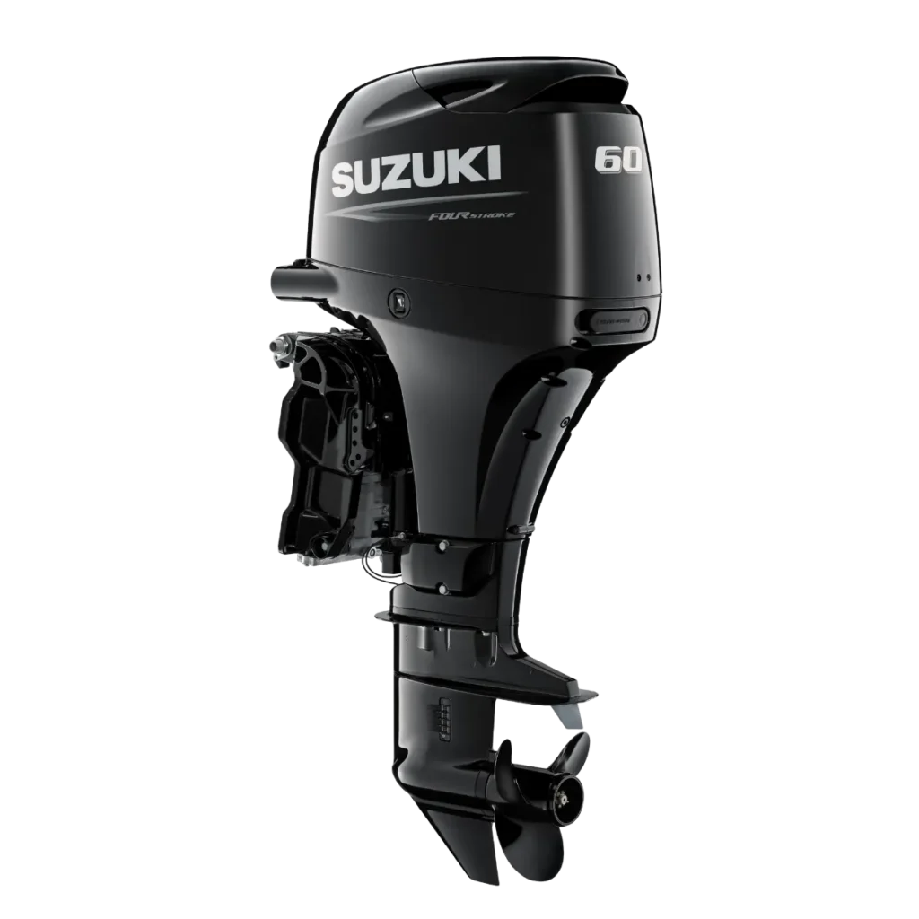 Black Suzuki DF60ATL 60HP outboard shown from a diagonal angle
