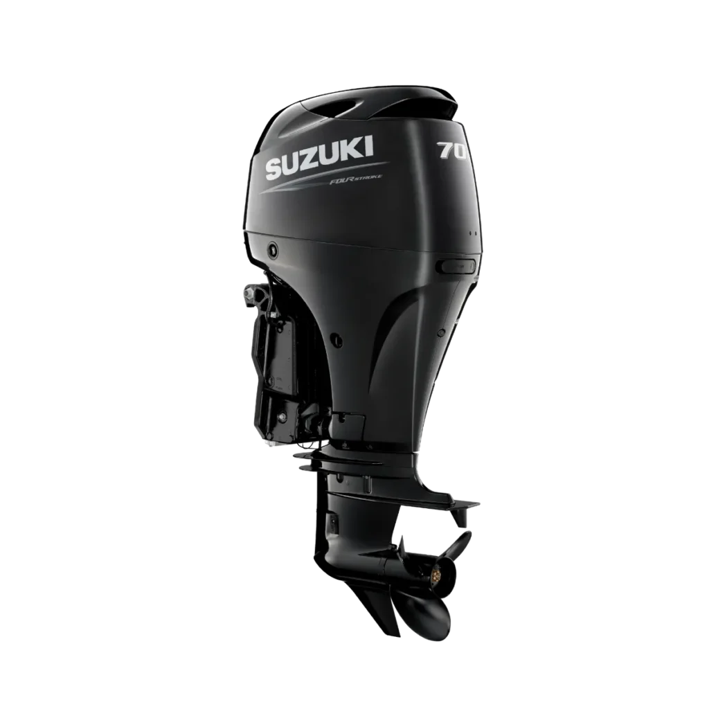 Black Suzuki DF70ATL 70HP outboard shown from a diagonal angle