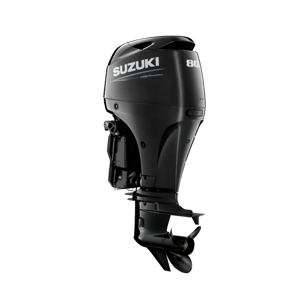 Black Suzuki DF80ATL 80HP outboard shown from a diagonal angle