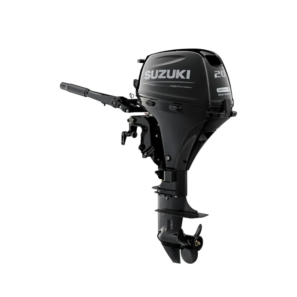 Black Suzuki DF20A 20 hp FourStroke portable outboard shown from a diagonal angle