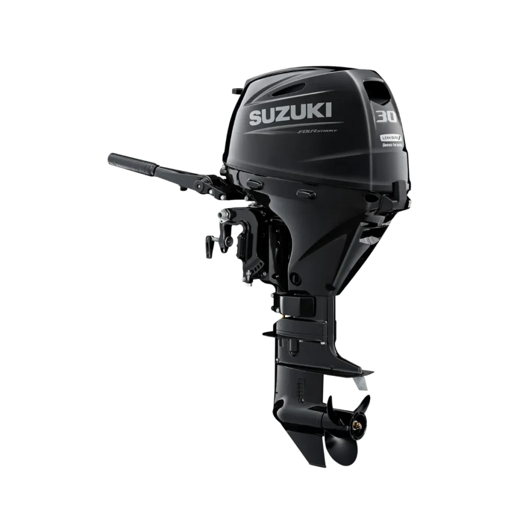 Black Suzuki DF30A 30 hp FourStroke portable outboard shown from a diagonal angle